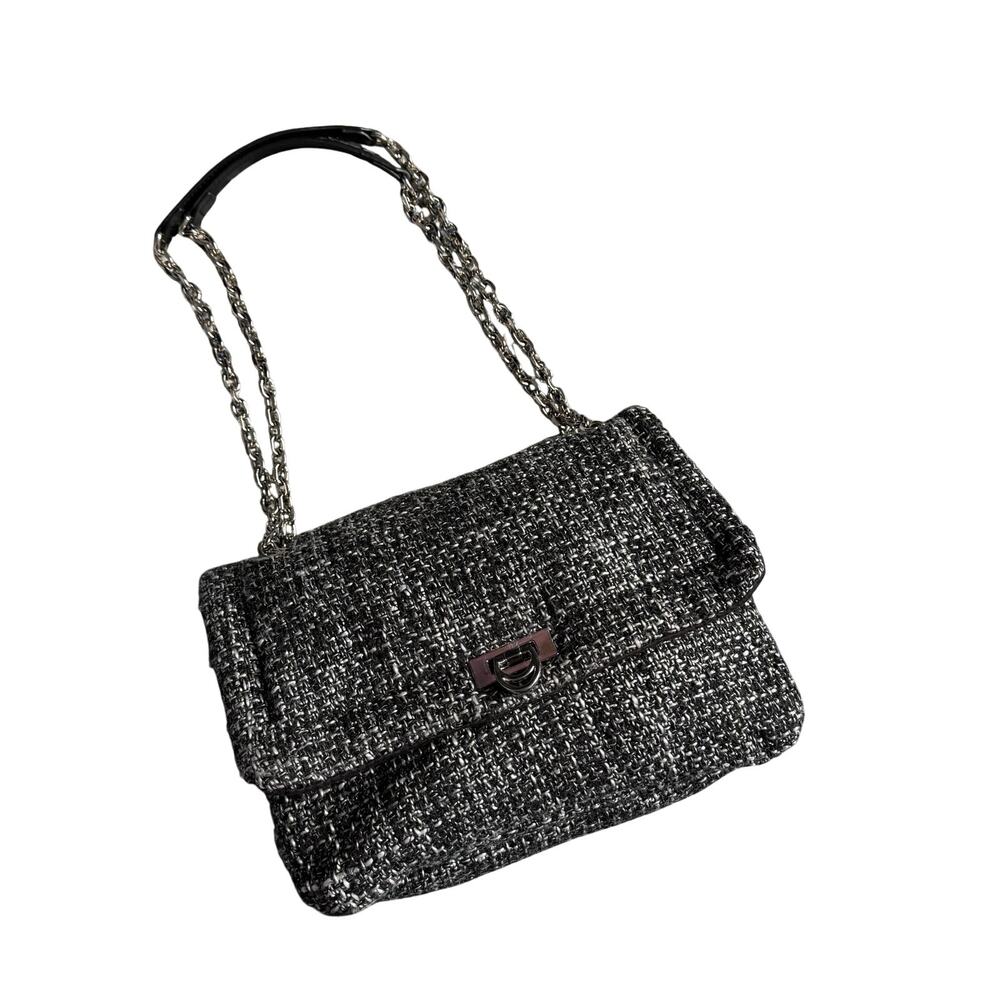 Primark Black White Tweed Chain Strap Flap Shoulder Handbag Purse